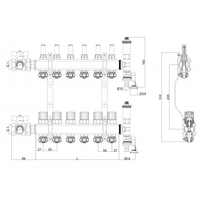 Kompletny rozdzielacz do ogrzewania podłogowego z zaworami odcinającymi 2 obwody