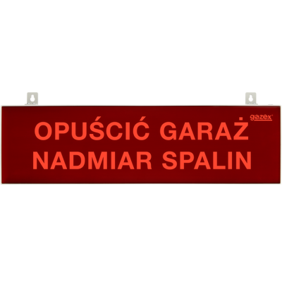 Tablica ostrzegawacza pulsująca, czerwona, napis H2 - OPUŚCIĆ GARAŻ NADMIAR SPALIN