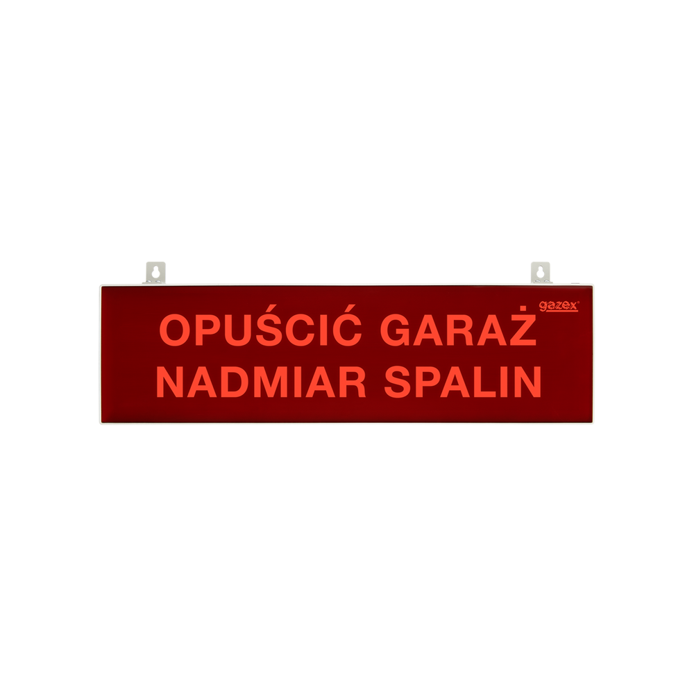 Tablica ostrzegawacza pulsująca, czerwona, napis H2 - OPUŚCIĆ GARAŻ NADMIAR SPALIN